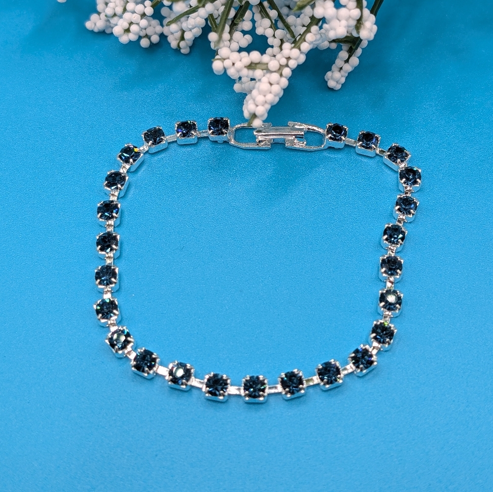 Lightweight Silver Overlay Dk Blue Tennis Bracelet Made w/ Swarovski Crystal NWT